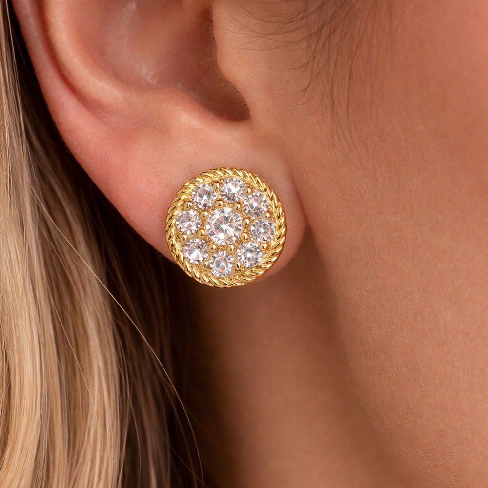Freida Rothman (vault) 925 Sterling Silver 14K Gold Overlay CZ Cluster Earrings - Picture 3 of 3
